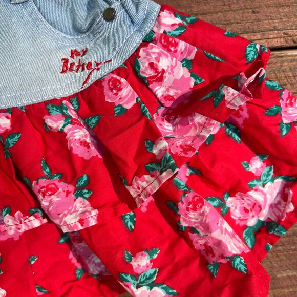 Betsey Johnson Denim Overall Dress 2T Floral Jumper Ruffle Skirt Red Rose Print - Picture 15 of 16
